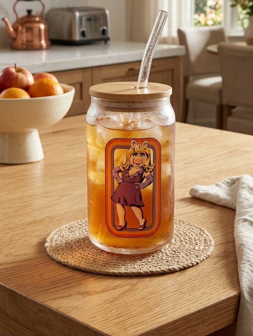 The Muppets Glass Tumbler With Bamboo Lid And Straw Miss Piggy